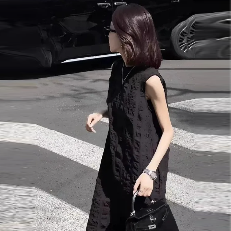 法式圓領無袖背心連身裙 氣質小黑裙寬鬆壓褶長洋