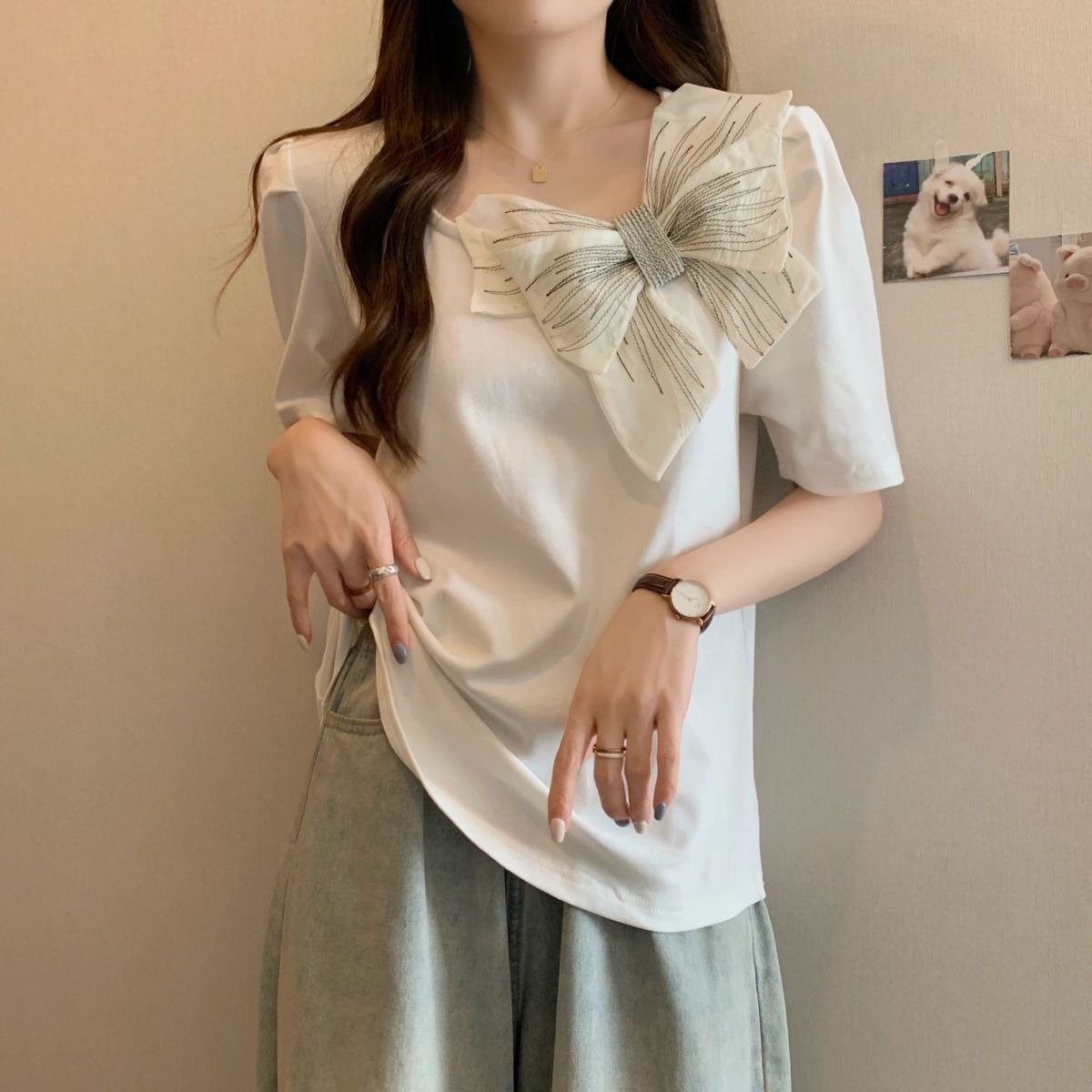 M-4XL蝴蝶結黑色短袖小方領T恤女設計感小眾氣質減齡上衣