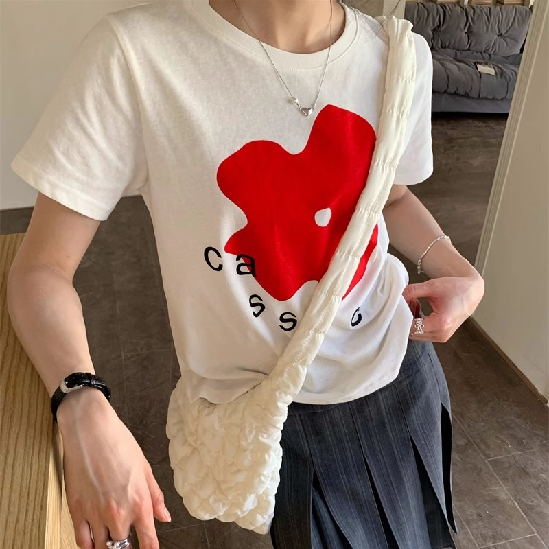 純棉紅花印花T恤 白色短袖 韓系甜美 顯年輕 夏季百搭