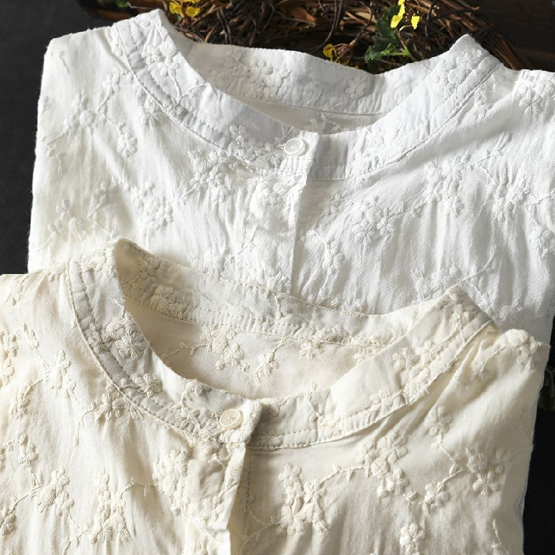 純棉刺繡提花立領襯衫 法式優雅寬版上衣 透氣親膚長袖白襯衫 休閒穿搭學院風顯瘦