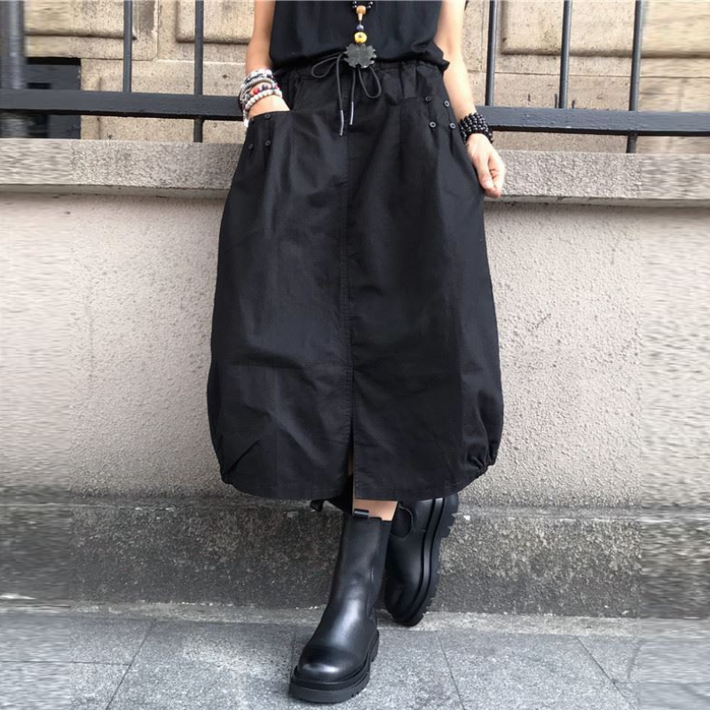 高腰鬆緊燈籠中長裙 春秋百搭 開衩設計 大尺碼友善M-4XL