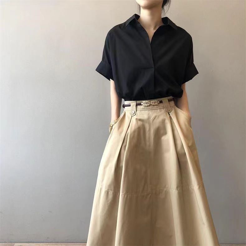 復古夏日V領 蝙蝠袖 通勤顯瘦寬鬆氣質襯衫