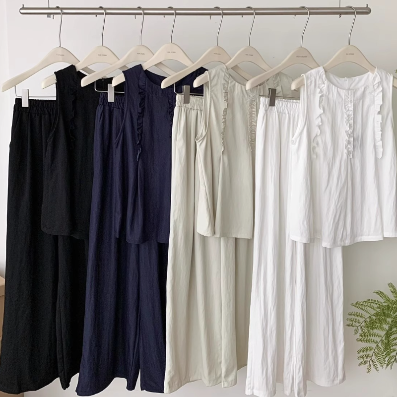 韓系木耳邊背心＋寬褲兩件式套裝 寬鬆修身顯瘦款 大尺碼友善版型