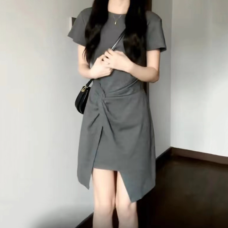 法式氣質收腰短袖連身裙 小眾設計圓領短裙