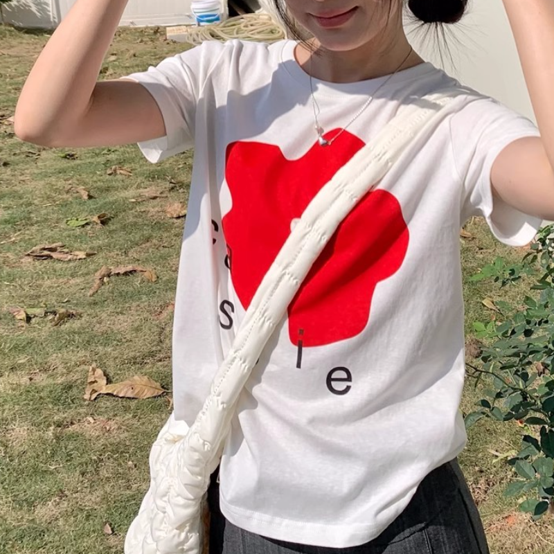 純棉紅花印花T恤 白色短袖 韓系甜美 顯年輕 夏季百搭