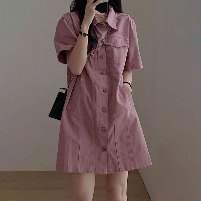 韓系·時尚休閒單排扣polo領工裝裙短洋裝