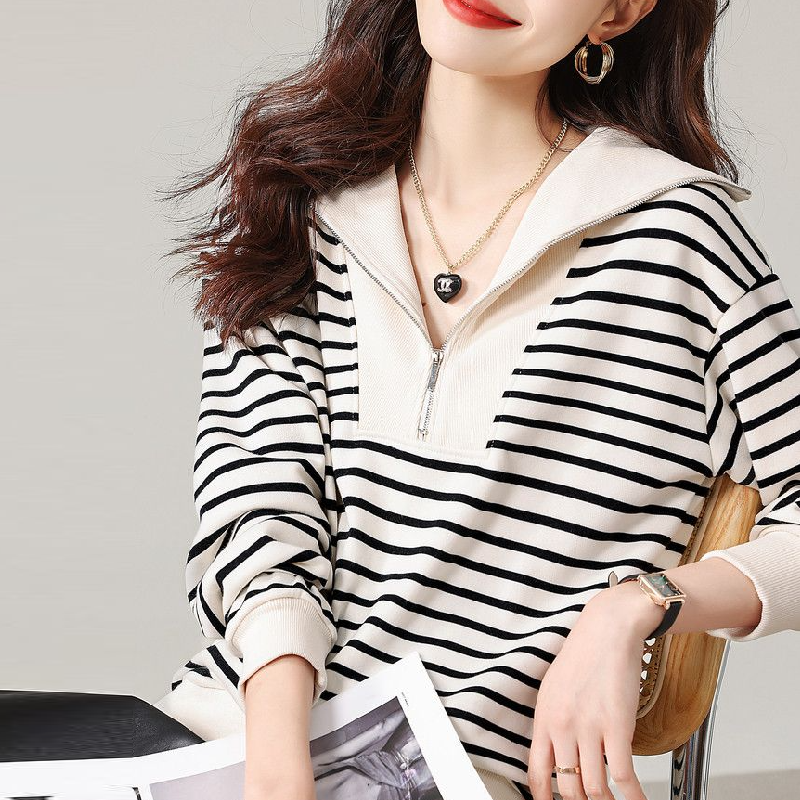 純棉長袖條紋TEE 韓系寬鬆遮肉顯瘦高級感上衣