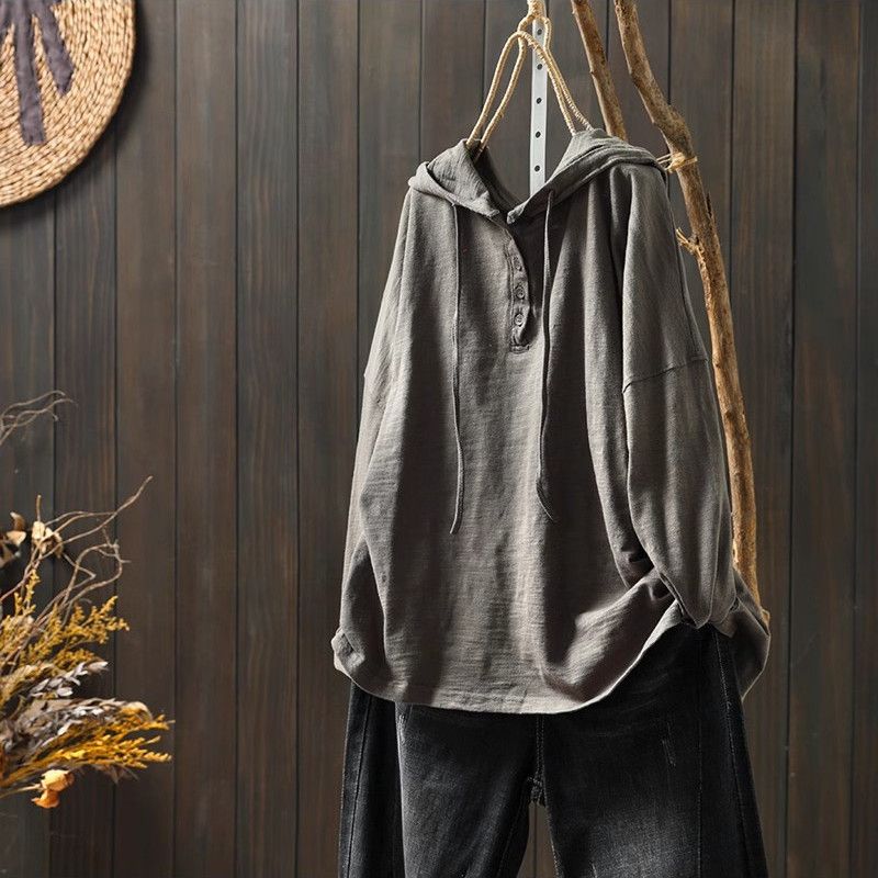 竹節棉連帽TEE文藝復古 長袖春裝新款寬鬆大版型遮肉上衣