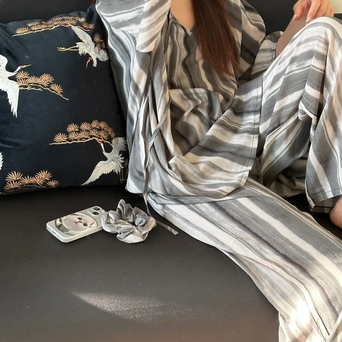 韓系高品質棉綢燈籠袖套裝家居服超親膚 高級感人棉長袖長褲套組