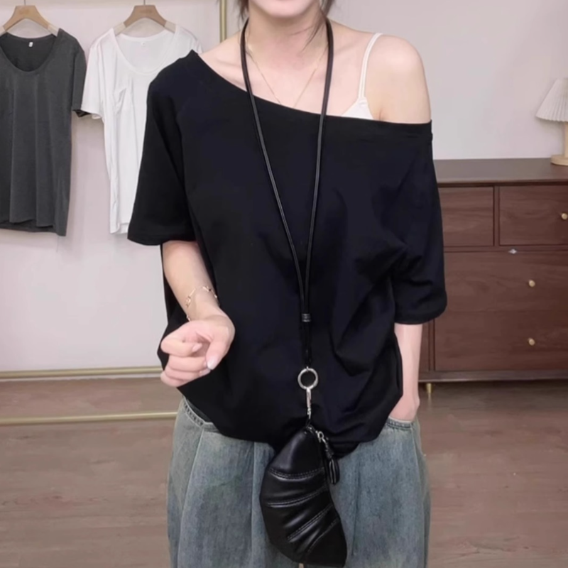 純欲韓系設計感斜肩短袖t恤 寬鬆顯瘦氣質剪裁直角肩