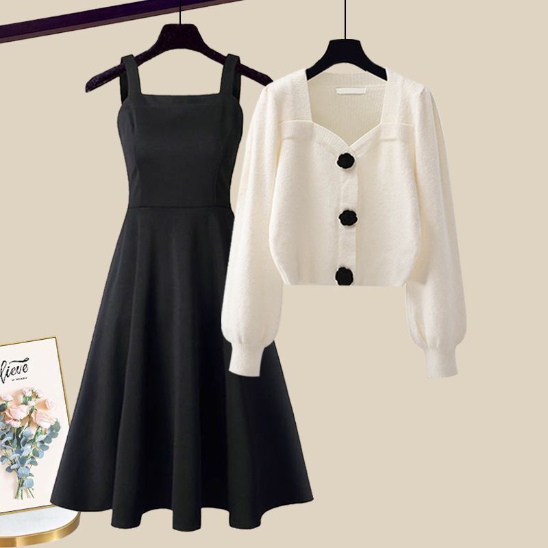 日系風格兩件式套裝 高質感無袖連身裙+針織外套 早秋氣質穿搭