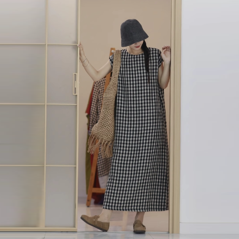 棉麻格紋無袖長洋裝 復古文青風