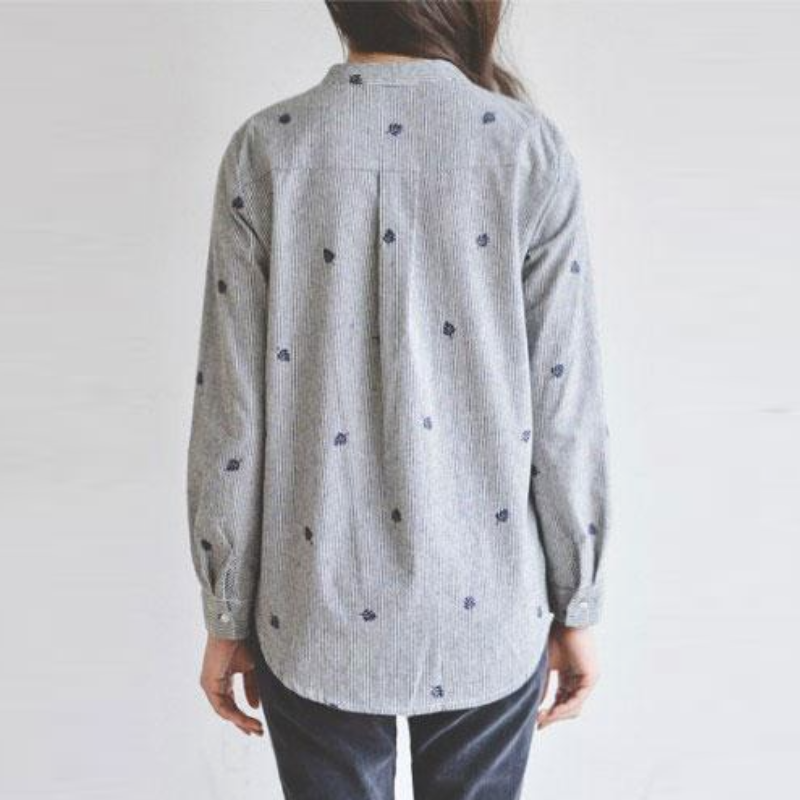 春秋立領條紋襯衫 長袖寬鬆顯瘦簡約通勤韓版上衣