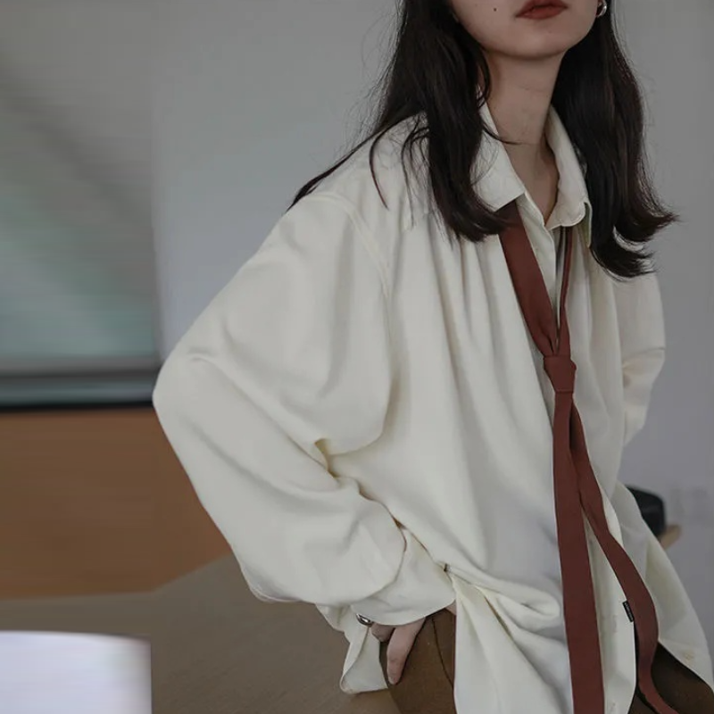 韓國春夏慵懶風寬鬆版型襯衫 小眾領帶設計（配領帶）