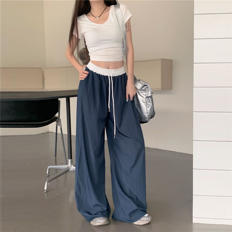 韓系·薄款抽繩工裝寬褲 復古拼接高腰寬鬆休閒褲