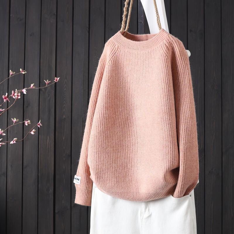 2024秋冬洋氣圓領純色線條紋簡約冬季寬鬆針織衫套頭女裝加厚毛衣