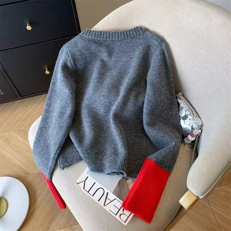 撞色袖口設計針織開衫 柔軟內搭 高級灰毛衣