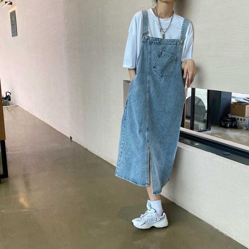 韓系 ‧ 牛仔口袋吊帶連身裙寬鬆大版型胖mm連身洋裝