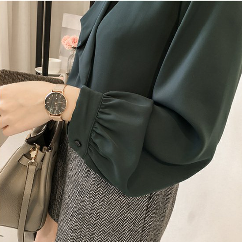 韓版燈籠袖氣質優雅襯衫-秋季通勤純色寬鬆大尺碼長袖上衣