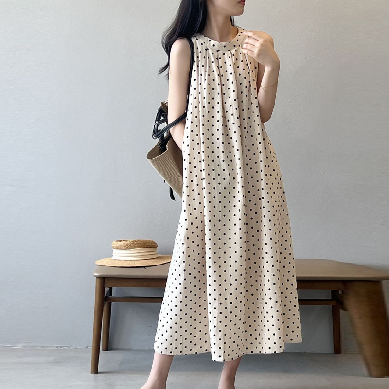 夏季波點棉麻連身裙 慵懶渡假茶歇法式吊帶裙A字裙無袖長洋