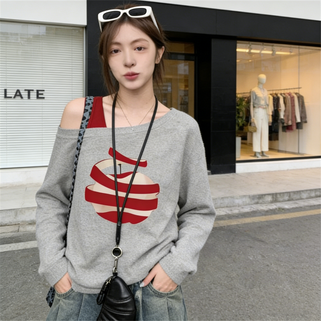 純棉斜肩假兩件長袖T恤 秋季寬鬆 設計感印花 不對稱露肩 百搭