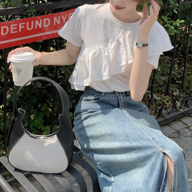 甜美荷葉邊短袖上衣 小眾顯瘦T恤設計感白色