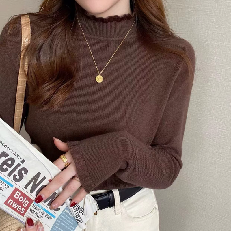 韓國花邊立領上衣-素面蕾絲婚禮OL針織長袖拼接親膚