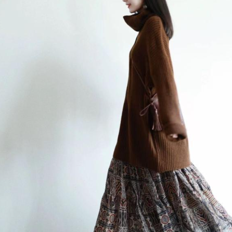 韓系 ‧ 復古文藝風印花半身裙日常通勤大裙擺