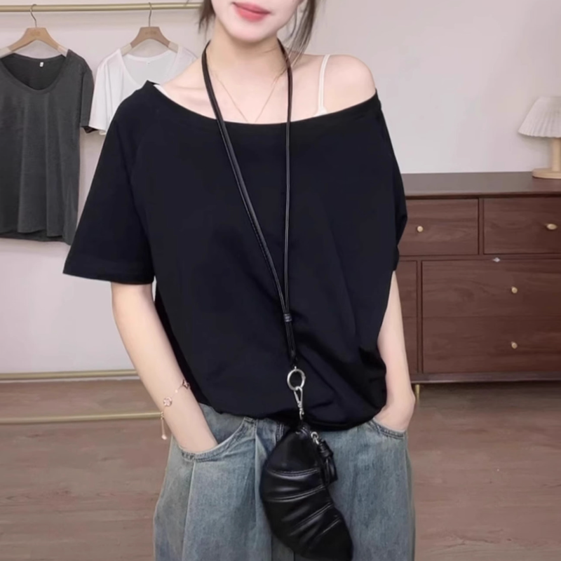 純欲韓系設計感斜肩短袖t恤 寬鬆顯瘦氣質剪裁直角肩