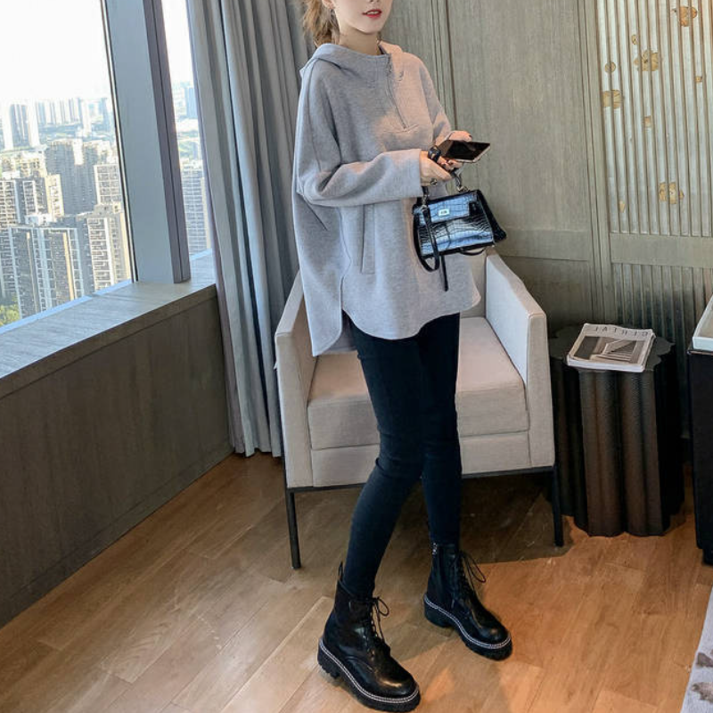 冬季韓系連帽帽T 寬鬆顯瘦拉鍊外套 設計感上衣