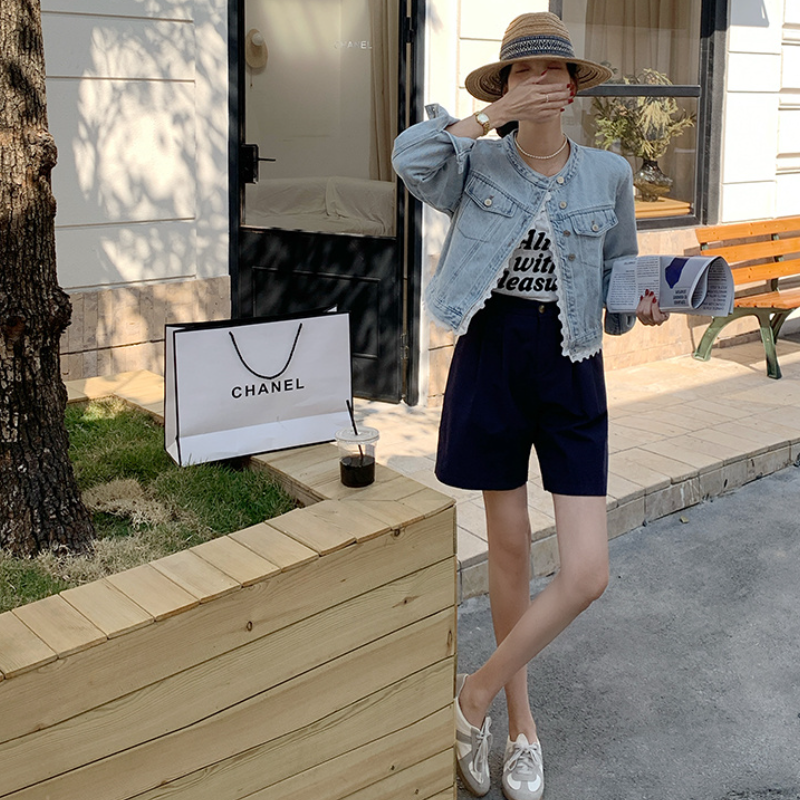 蕾絲花邊拼接牛仔外套 復古水洗短版 韓系休閒款