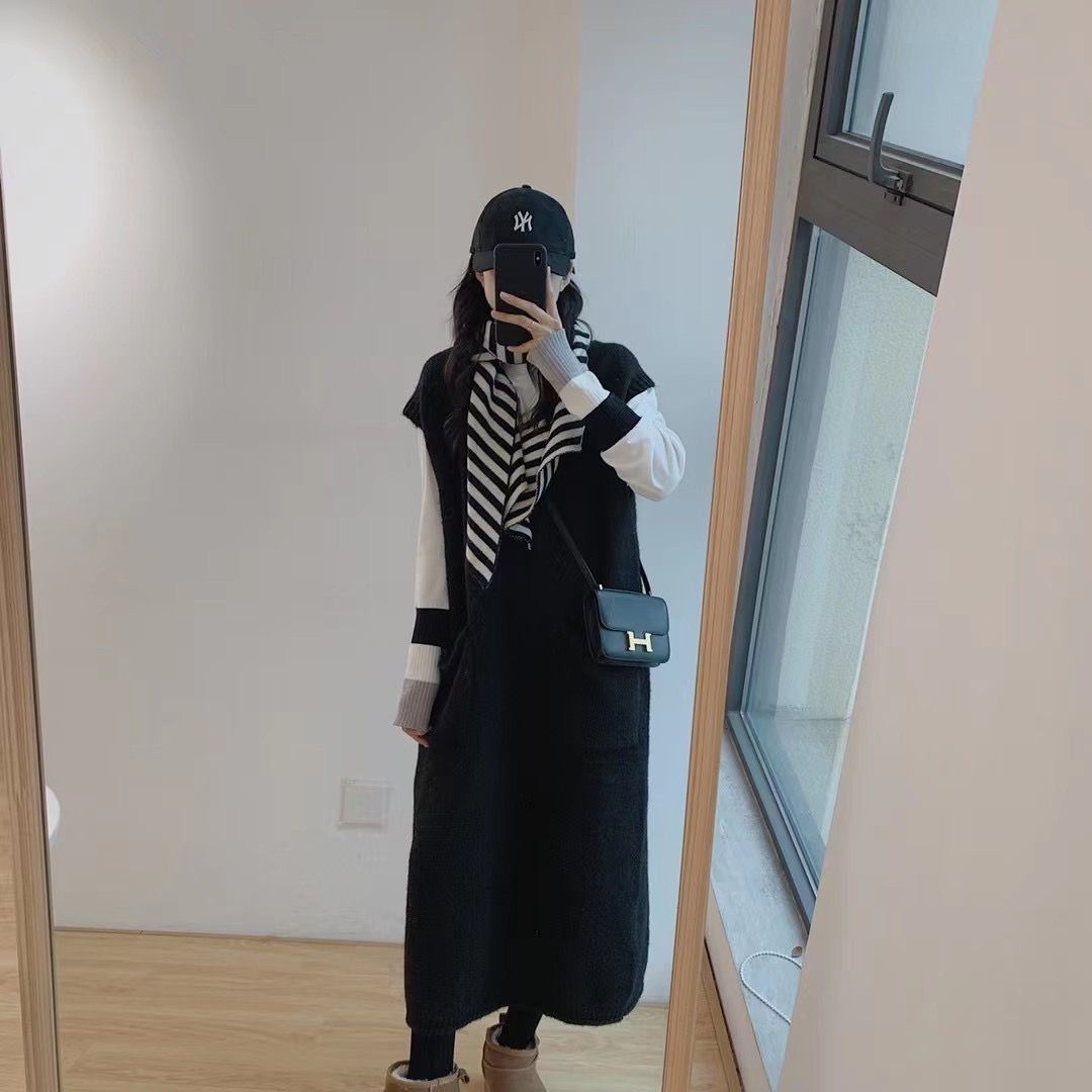 春秋寬鬆顯瘦系扣連身裙-百搭針織馬甲中長款洋裝