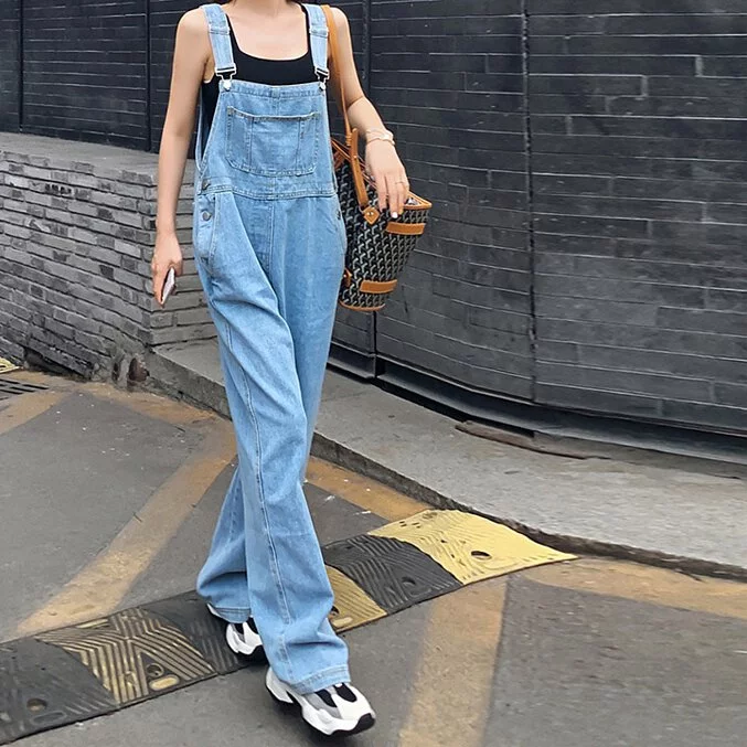 韓妞抗UV涼感牛仔吊帶褲 高腰寬褲顯腿長 夏季冷氣房工裝風背帶裙 小隻女顯高