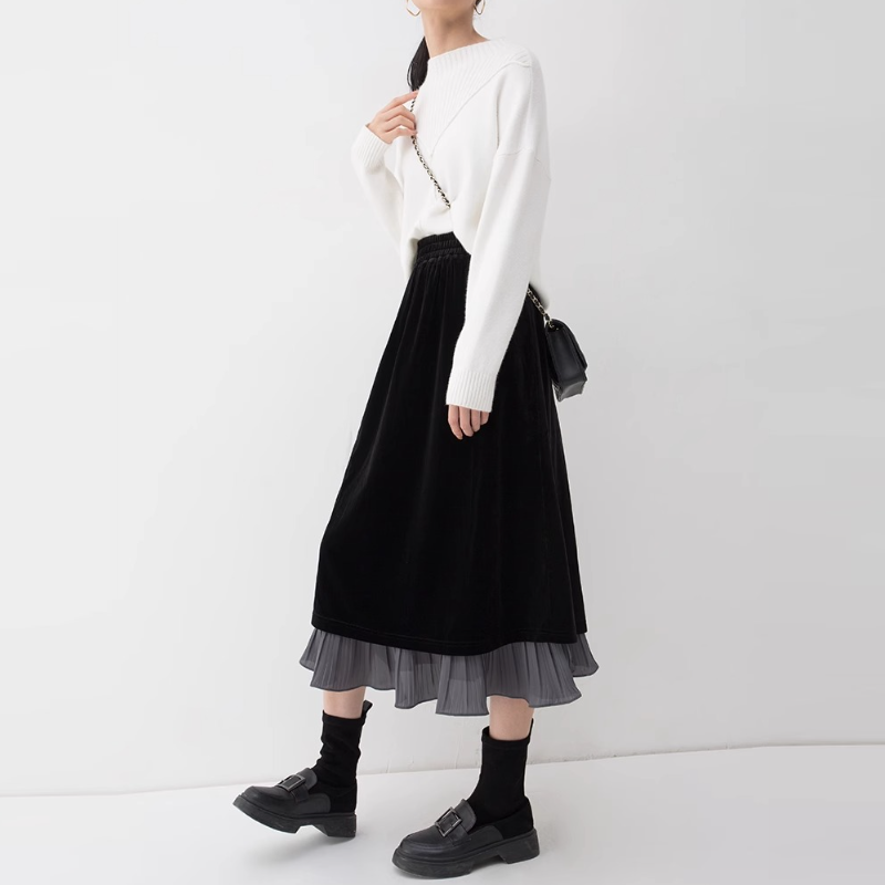 多巴胺絲絨撞色半身裙女2024秋冬新款黑色高腰氣質半裙假兩件