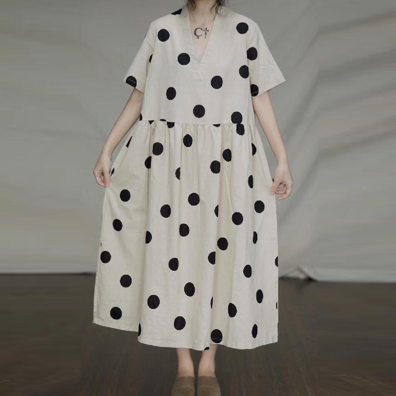 文藝復古波點棉麻長洋 大碼寬鬆棉麻連身裙 復古V領短袖棉麻長裙