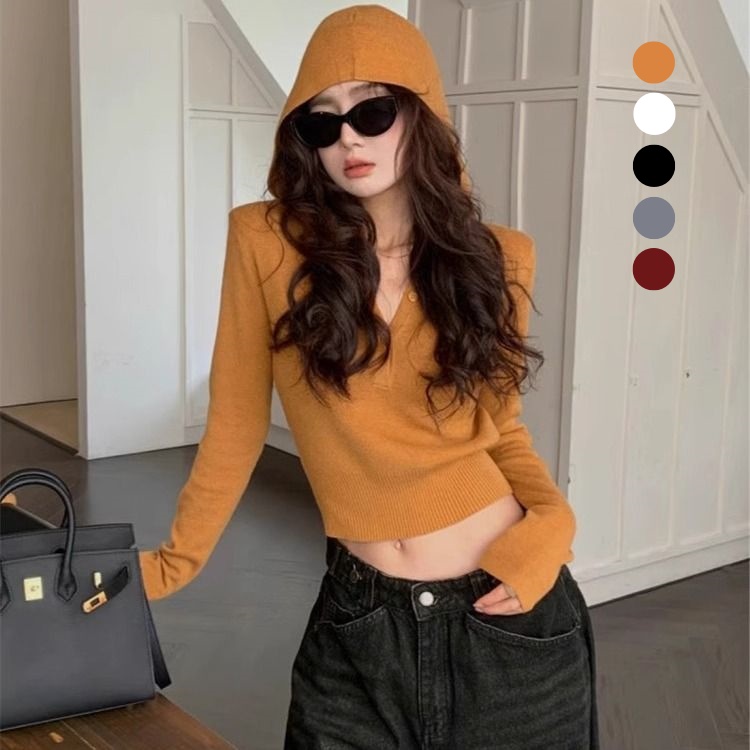 連帽針織短版上衣 5色修身 收腰顯瘦 長袖毛衣 秋季甜辣風