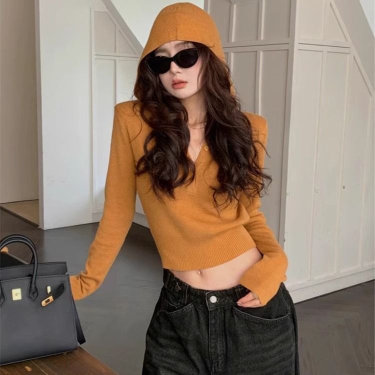 連帽針織短版上衣 5色修身 收腰顯瘦 長袖毛衣 秋季甜辣風