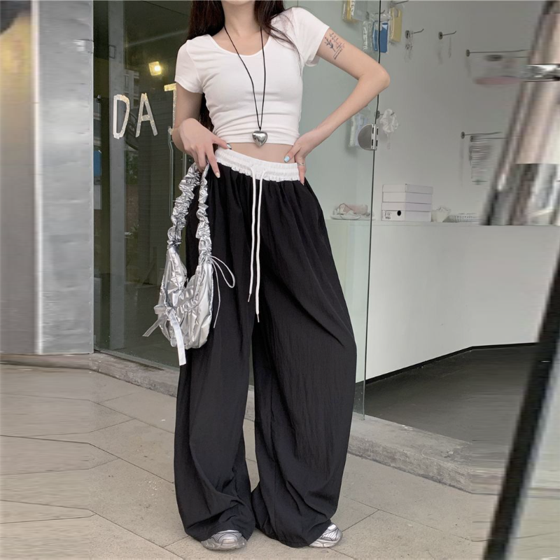 韓系·薄款抽繩工裝寬褲 復古拼接高腰寬鬆休閒褲