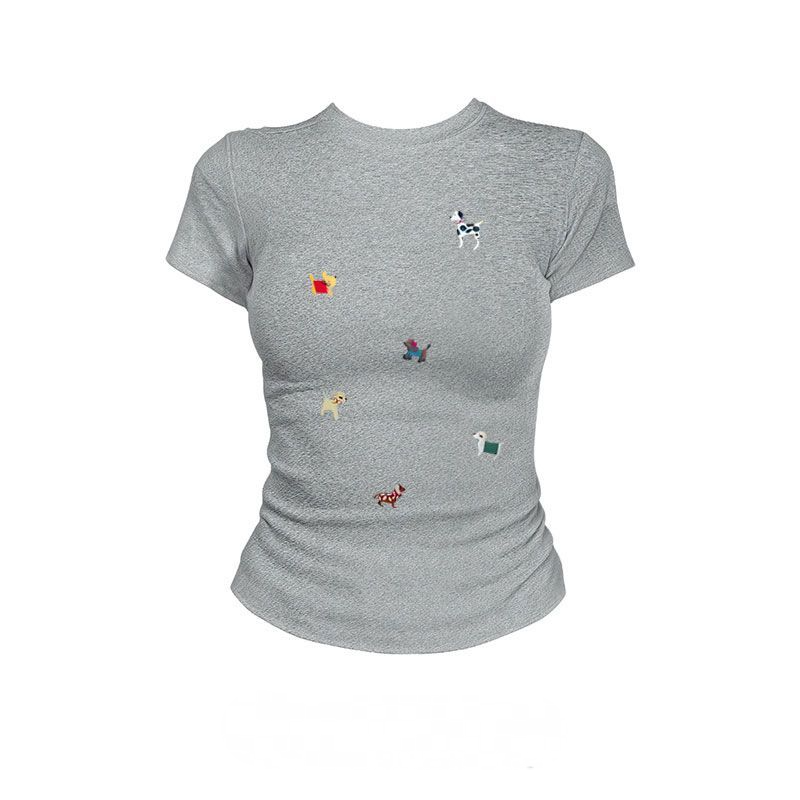 純棉短袖T恤 美式復古 標準肩線 合身顯瘦 小狗印花卡通圖案