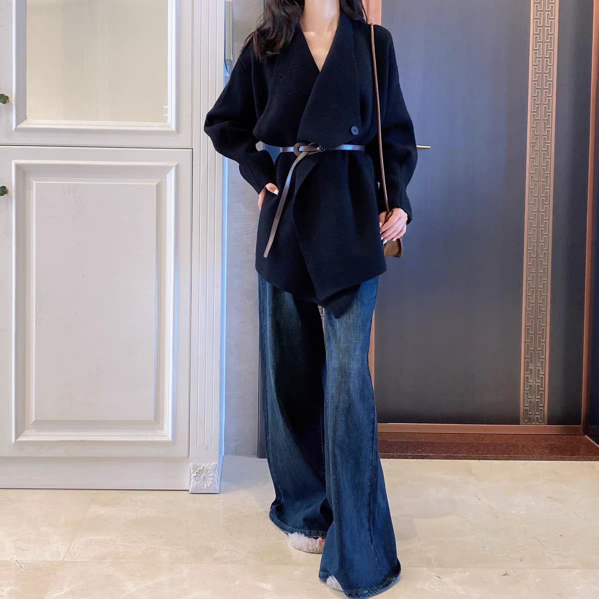 韓系V領針織外套＋高腰寬褲牛仔 兩件套 灰色上衣 綁帶設計