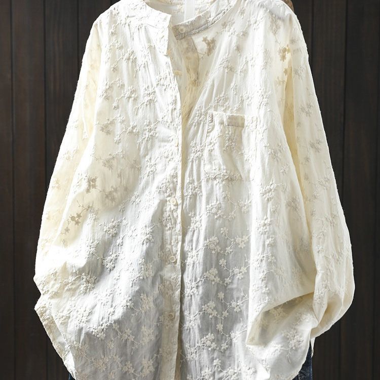 純棉刺繡提花立領襯衫 法式優雅寬版上衣 透氣親膚長袖白襯衫 休閒穿搭學院風顯瘦