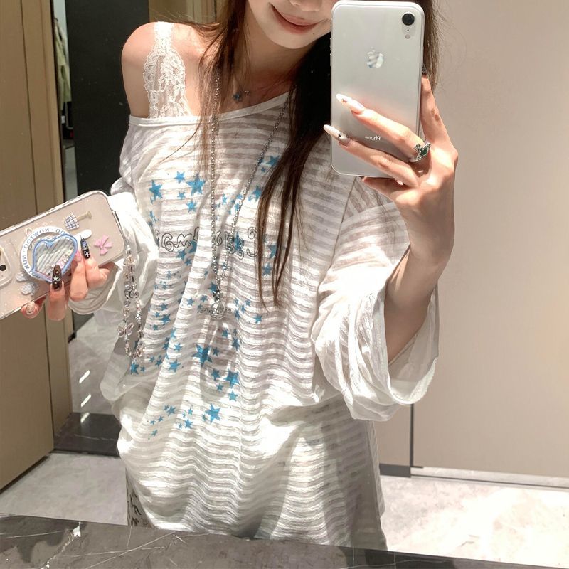 星星印花斜肩長袖上衣 輕薄防曬罩衫