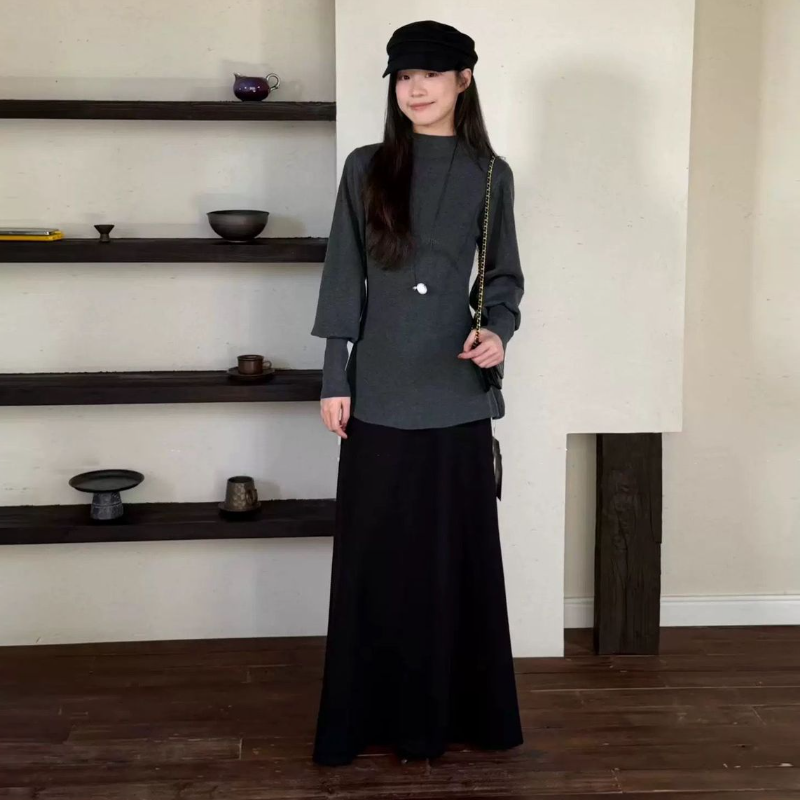 法式半高領荷葉擺針織上衣 燈籠袖 收腰版型 比例更好看