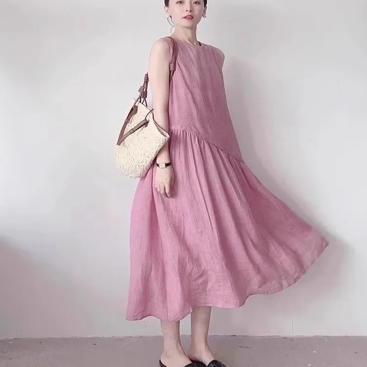 素色棉麻連身裙 韓系減齡棉質鬆身洋裝