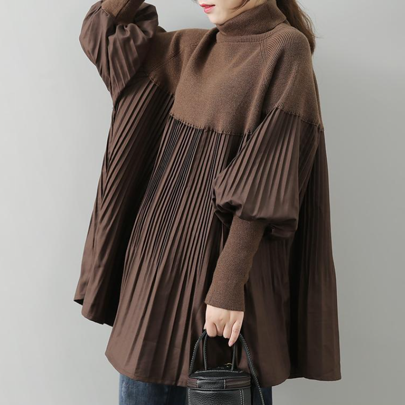 高領針織拼接百褶上衣 寬鬆剪裁 素色氣質 秋冬百搭