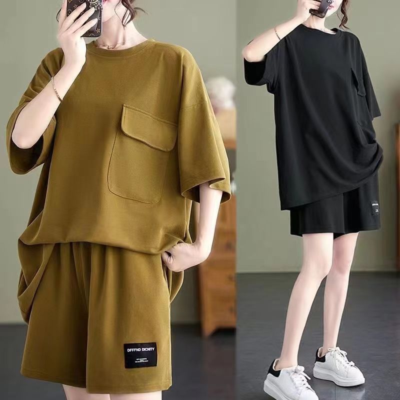 大尺碼素色短袖短褲兩件套 寬鬆顯瘦休閒家居套裝