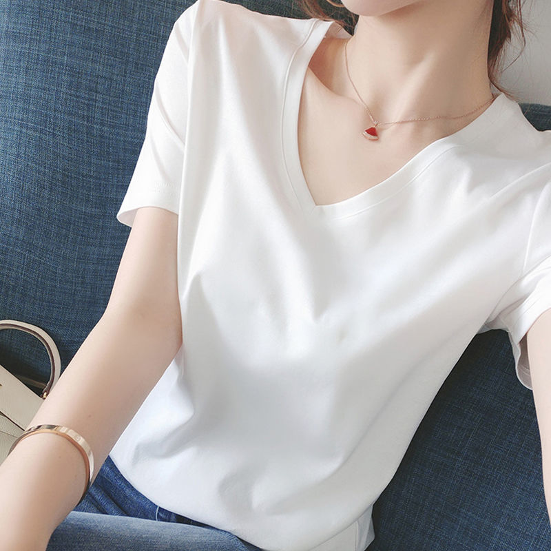 S-4XL/ 棉質 正肩短袖T恤 韓國顯瘦剪裁 V領微甜心機