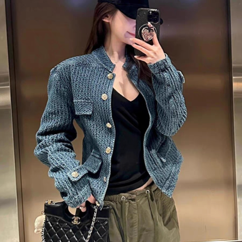 小香風丹寧短版外套 立領金釦 藍色復古感 外搭