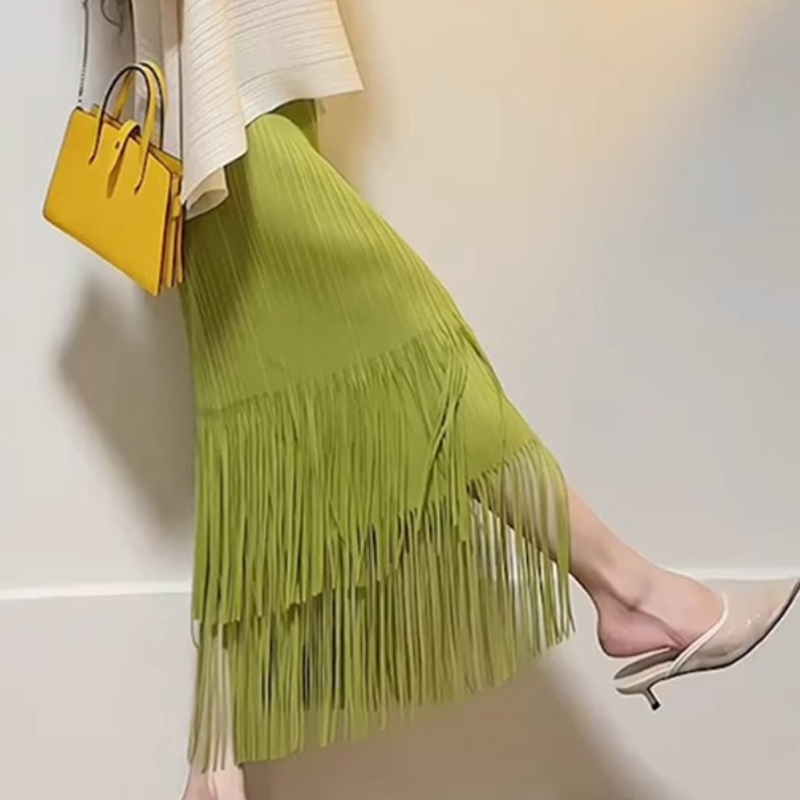 清新壓褶流蘇長裙套裝 氣質輕熟風 薄荷綠穿搭 半身裙兩件式