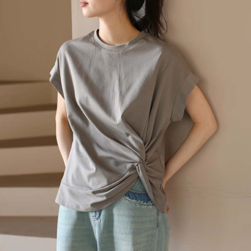 設計感純棉獨特褶皺不規則圓領短袖T恤 半袖上衣